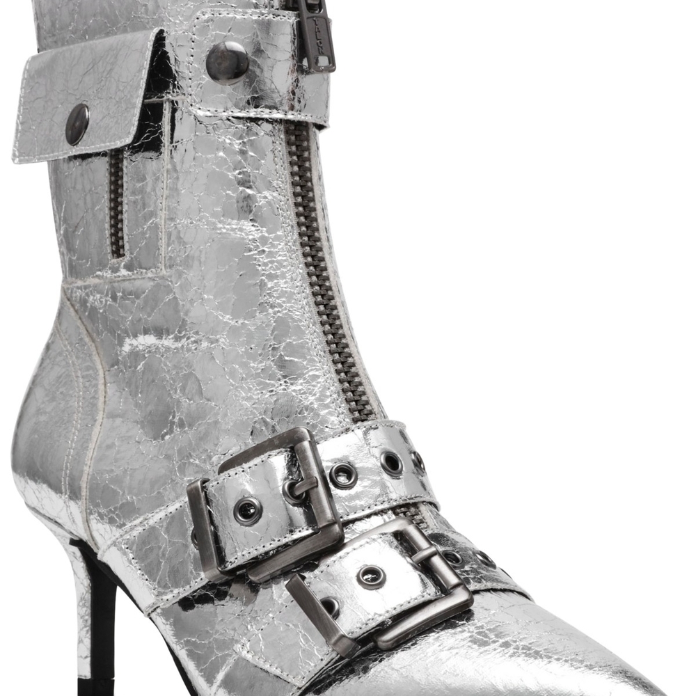 Wild Pair Moonbeam Buckle Booties,  Silver Crinkle
